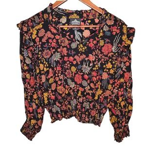 Angie Floral Blouse Smocked Ruffle Long Sleeve Top Boho Rayon Black Size L